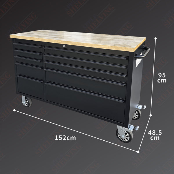 55'' 10-Drawer Steel Toolbox Trolley With Timber Top