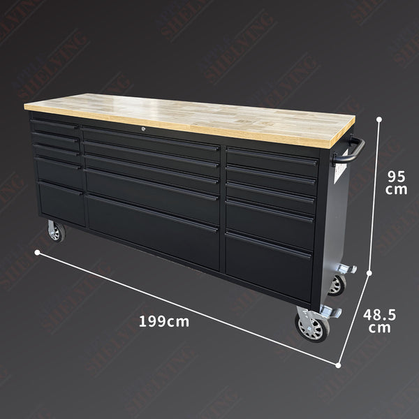 72'' 15-Drawer Black Steel Toolbox Trolley With Timber Top