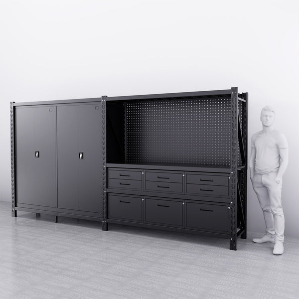 【PRE-ORDER】4m(L) 9-Drawer Steel Pegboard Workbench w 2 Cabinets on shelf
