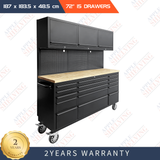 72'' 15-Drawer Steel Pegboard Toolbox Trolley With Overhead Cabinet