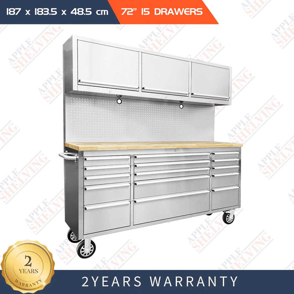 72'' 15-Drawer Stainless Steel Pegboard Toolbox Trolley With Overhead Cabinet