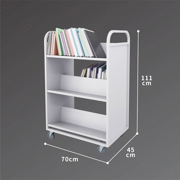 3-Tier Steel Book Cart W-Shaped Shelves With Wheels