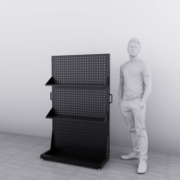 Single-Sided Steel Pegboard Display Stand with Shelves