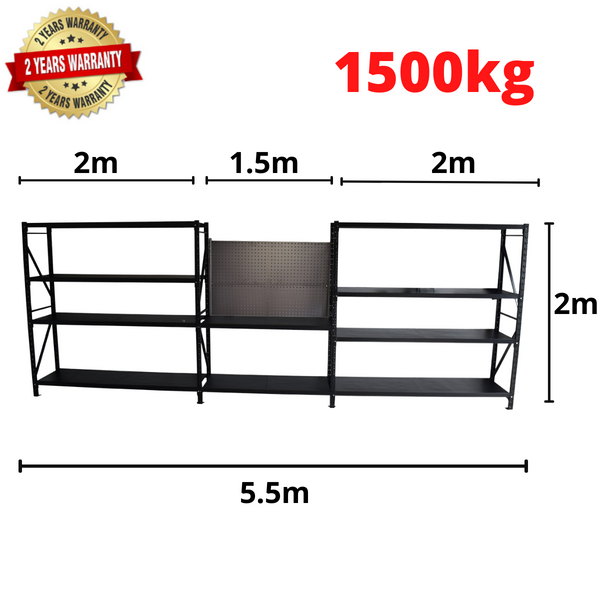 5.5m*2m*0.5m 1500KG Connecting Shelving Workbench with pegboard