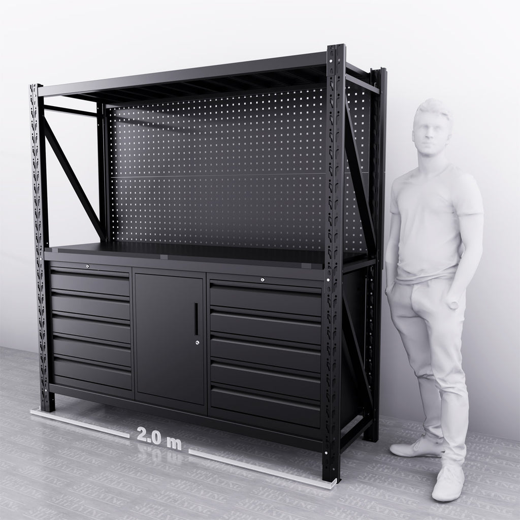 2m Steel Workbench with 10 Drawers, Cabinet & Pegboard – Modular ...