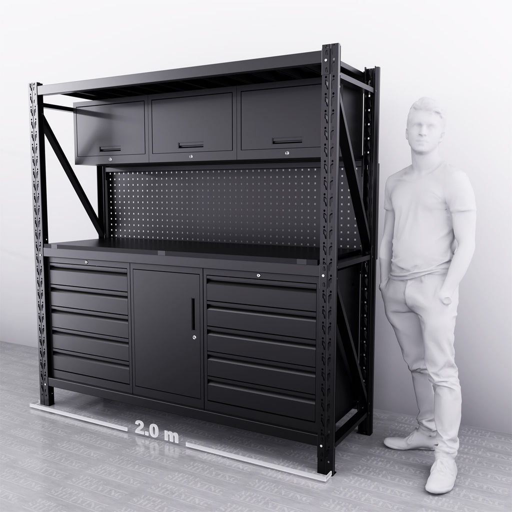 2m Steel Workbench with 10 Drawers & 4 Cabinets – Pegboard, Modular ...