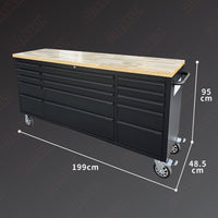 72'' 15-Drawer Black Steel Toolbox Trolley With Timber Top