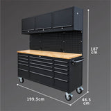72'' 15-Drawer Steel Pegboard Toolbox Trolley With Overhead Cabinet