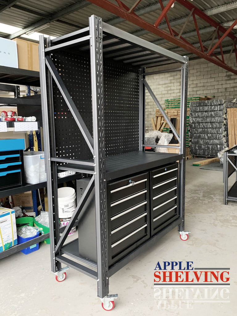 1.5m Long Steel Pegboard Workbench w 5Drawer Toolboxs Apple Shelving