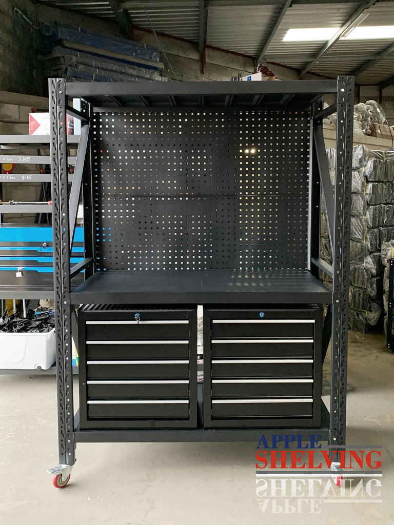 1.5m Long Steel Pegboard Workbench w 5Drawer Toolboxs Apple Shelving