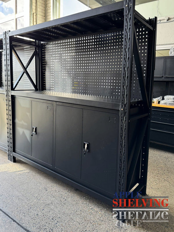 2m Steel Workbench with 2 Cabinets & Pegboard – with Optional MDF Top ...