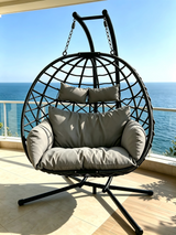 Double Hanging Egg Chair with Stand | Outdoor PE Rattan Swing Chair