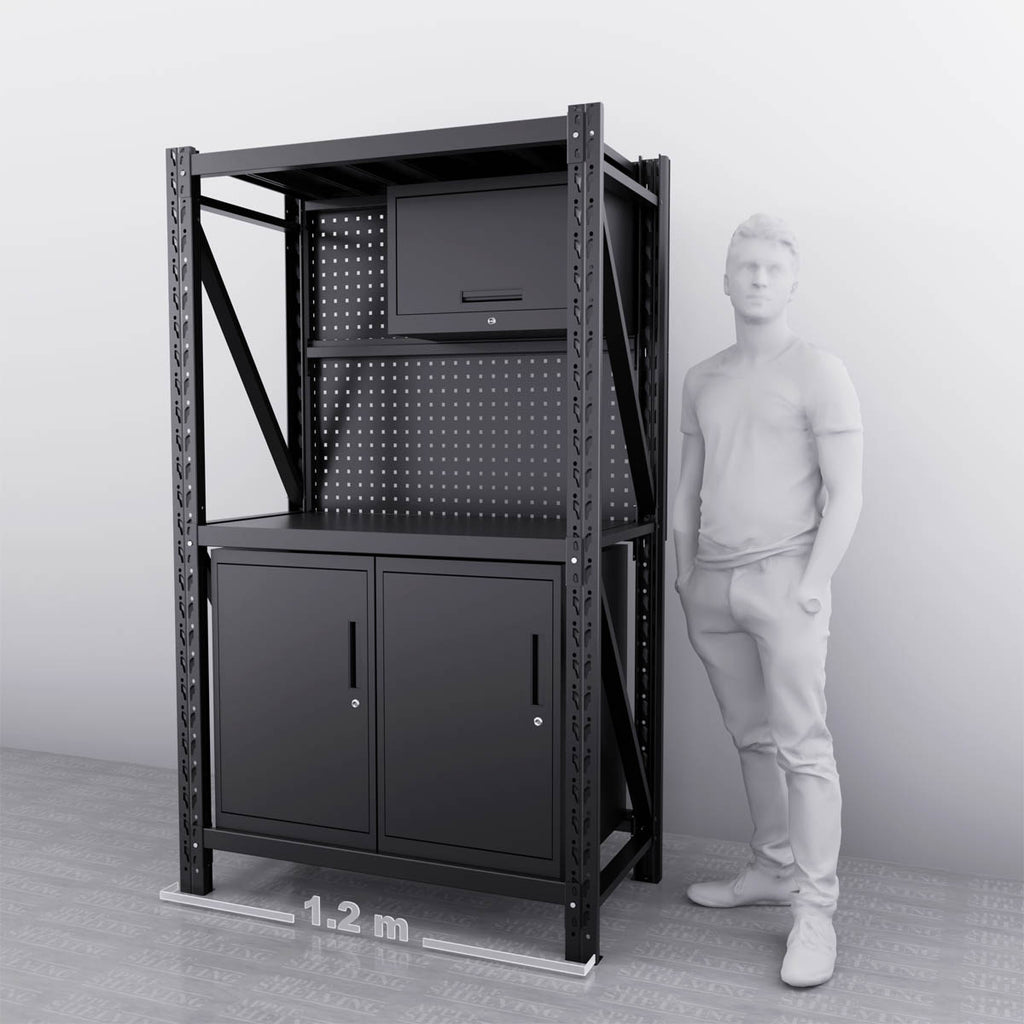 1.2m Steel Workbench with 2 Cabinets & Pegboard – Compact, Modular ...