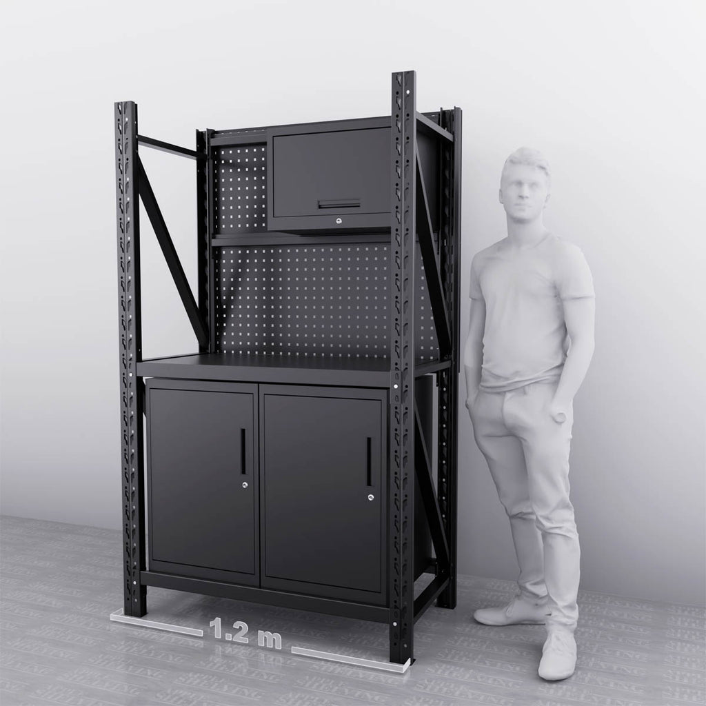 1.2m Steel Workbench with 2 Cabinets & Pegboard – Compact, Modular ...
