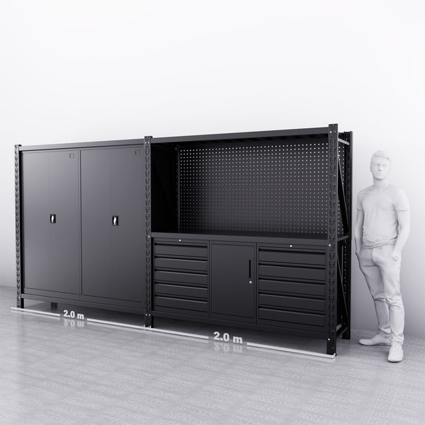 4m(L) 10-Drawer & Cabinet Steel Pegboard Workbench w 2 Cabinets on shelf