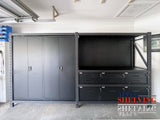 9-Drawer Steel Pegboard Workbench w 2 Cabinets on shelf