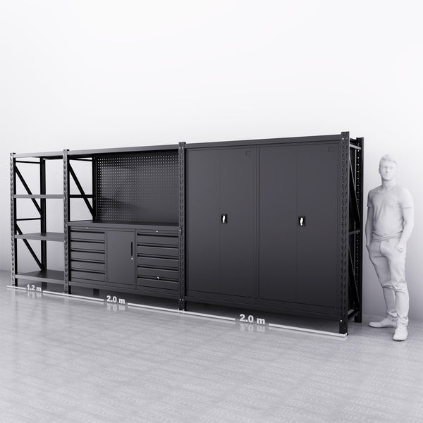 10-Drawer & Cabinet Pegboard Workbench w 2 Cabinets & Shelving