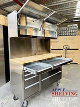 56'' 10-Drawer Stainless Steel Pegboard Toolbox Trolley With Overhead Cabinet