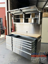56'' 10-Drawer Stainless Steel Pegboard Toolbox Trolley With Overhead Cabinet