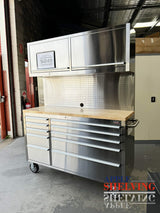 56'' 10-Drawer Stainless Steel Pegboard Toolbox Trolley With Overhead Cabinet