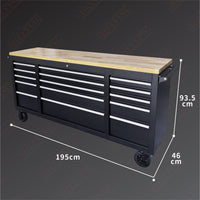 72'' 15-Drawer Black Steel Toolbox Trolley With Timber Top