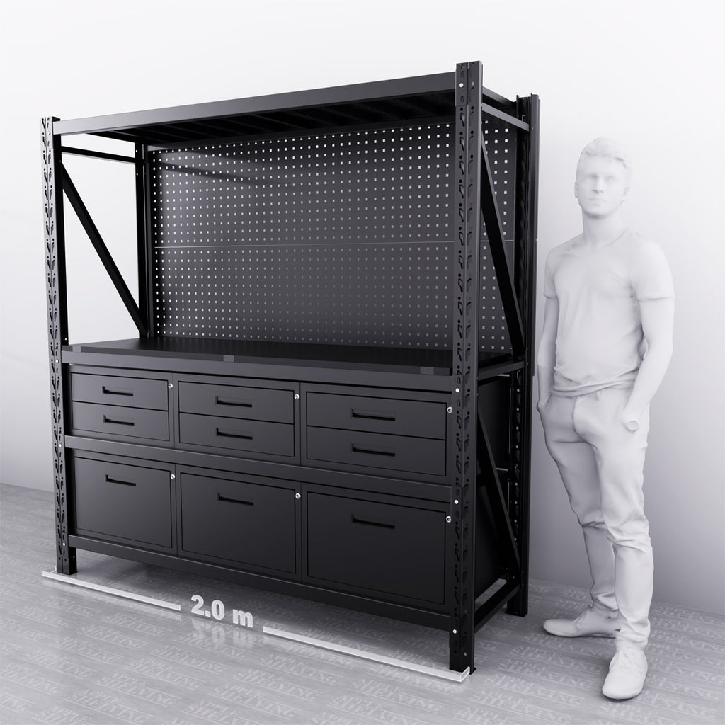 Non Racking Workbench 2m Steel Workbench with 9 Drawers, Pegboard & Wheels – Modular ...