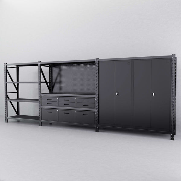 9-Drawer Steel Pegboard Workbench w 2 Cabinets w 1.5m shelving