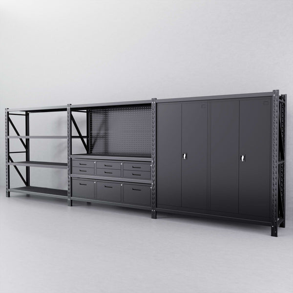 9-Drawer Steel Pegboard Workbench w 2 Cabinets w 2m shelving