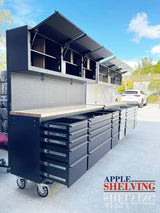 72'' 15-Drawer Stainless Steel Pegboard Toolbox Trolley With Overhead Cabinet