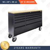 56'' 10-Drawer Steel Toolbox With Timber Top