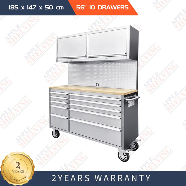 56'' 10-Drawer Stainless Steel Pegboard Toolbox With Overhead Cabinet