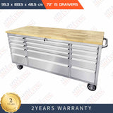 72'' 15-Drawer Stainless Steel Toolbox Cabinet With Timber Top