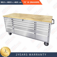 72'' 15-Drawer Stainless Steel Toolbox Trolley With Timber Top