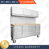 72'' 15-Drawer Stainless Steel Pegboard Toolbox With Overhead Cabinet