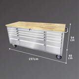 72'' 15-Drawer Stainless Steel Toolbox Trolley With Timber Top