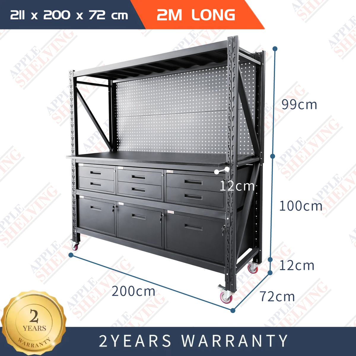 2m(L) 9-Drawer Steel Pegboard Workbench – Apple Shelving