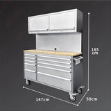 56'' 10-Drawer Stainless Steel Pegboard Toolbox Trolley With Overhead Cabinet