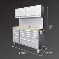 56'' 10-Drawer Stainless Steel Pegboard Toolbox Trolley With Overhead Cabinet