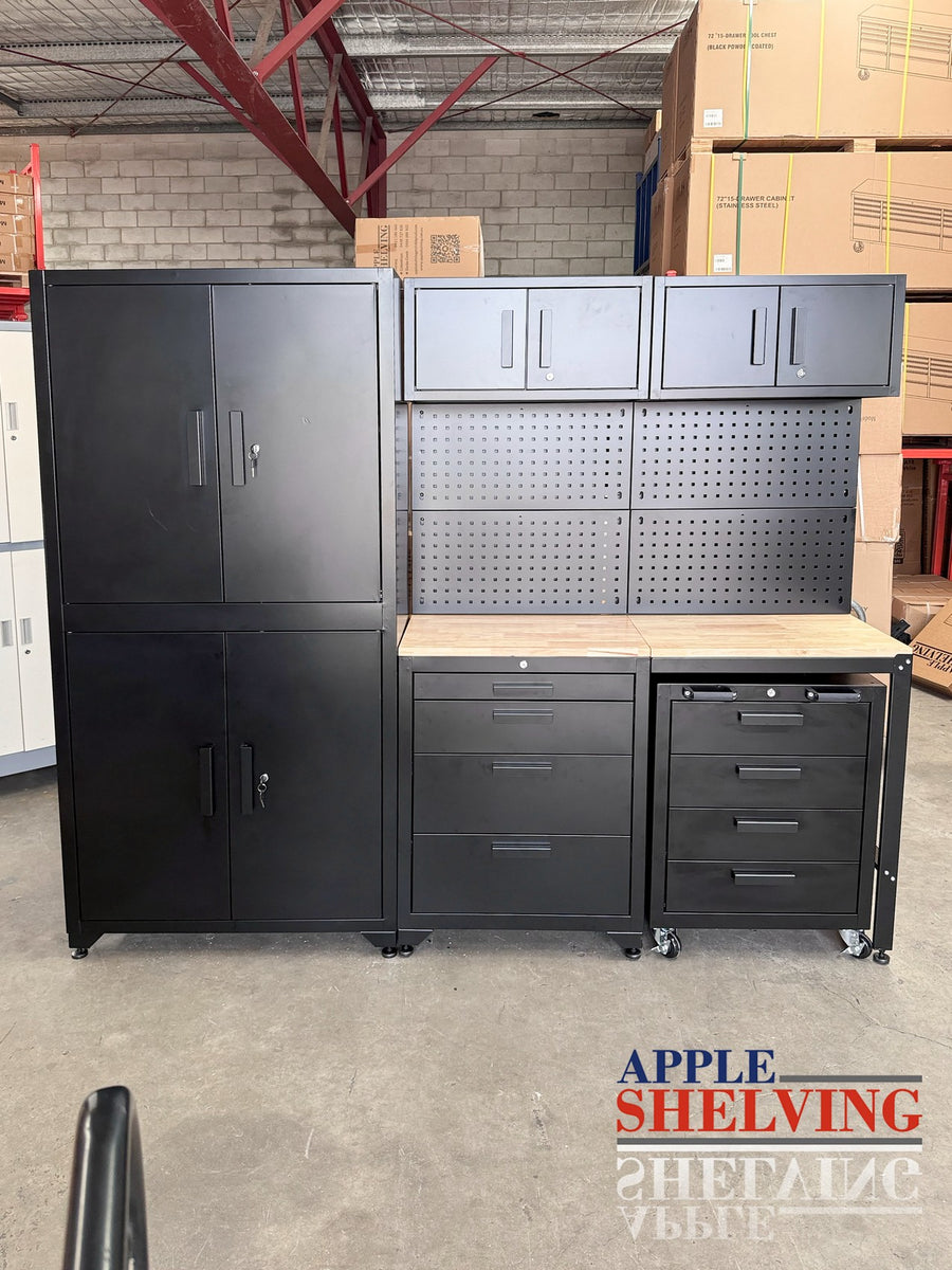 230cm(L) Steel Garage Workbench & Cabinet System – 4-Door Tall Cabinet ...