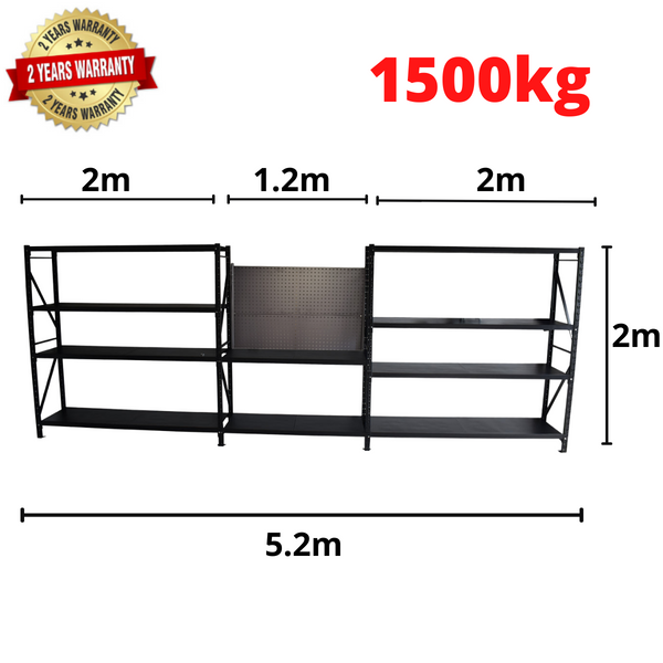 5.2m*2m*0.5m 1500KG Connecting Shelving Workbench With 1.2m Pegboard