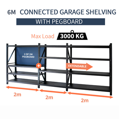 6m*2m*0.6m 3000KG Connecting Shelving With 2m Pegboard